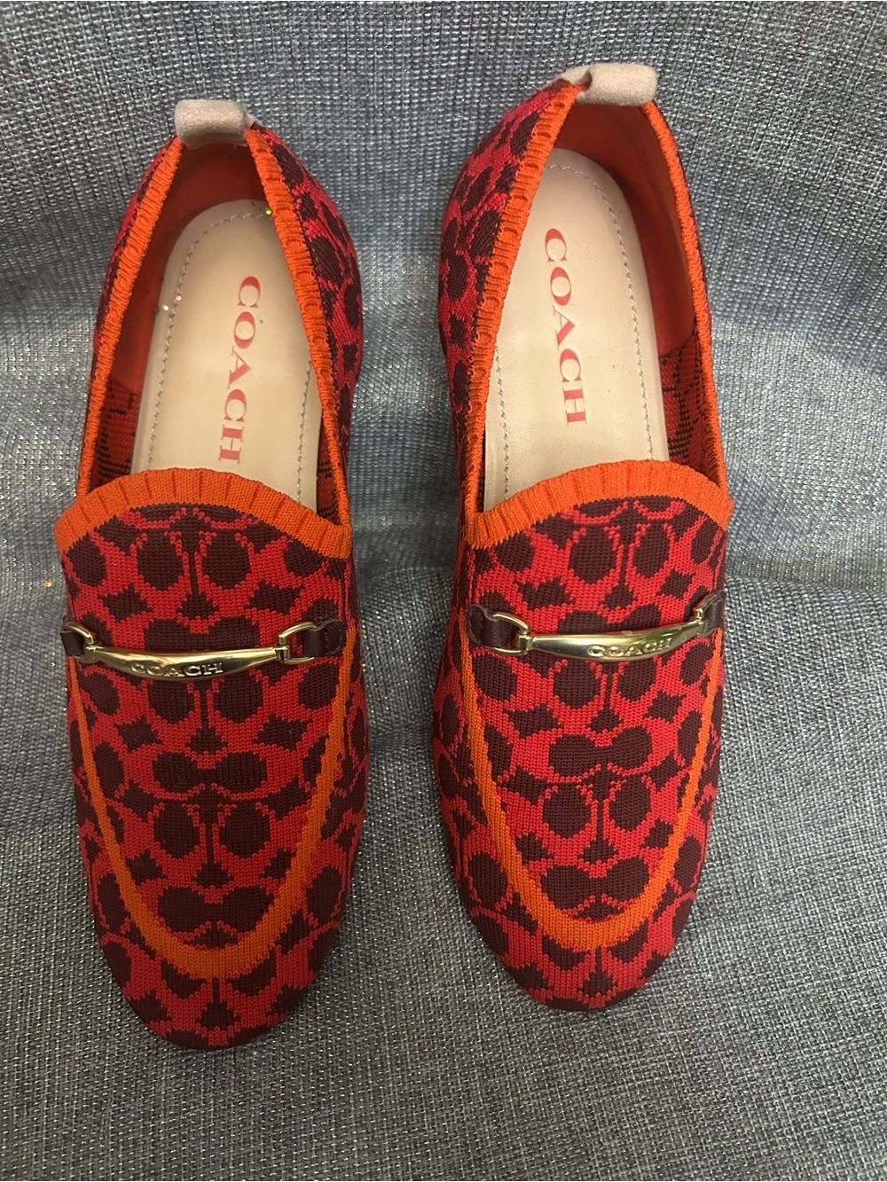 Coach Red and Orange Signature Knit Moccasins
